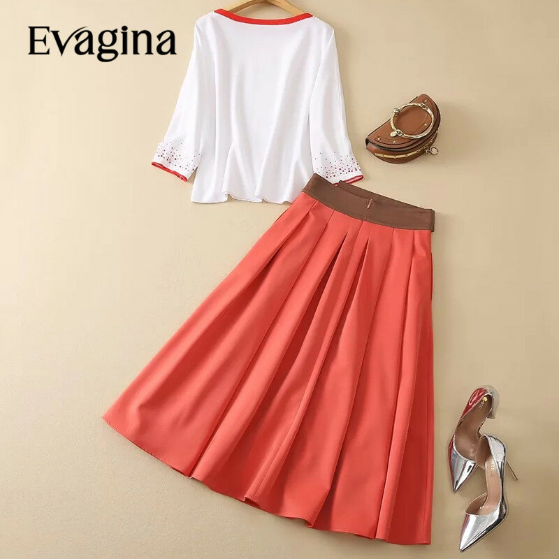 Evagina Fashion Designer Women's 2024 Spring New Patchwork Diamond Knitted Top+High-Waisted Ball Gown Half Skirt 2-Piece Set