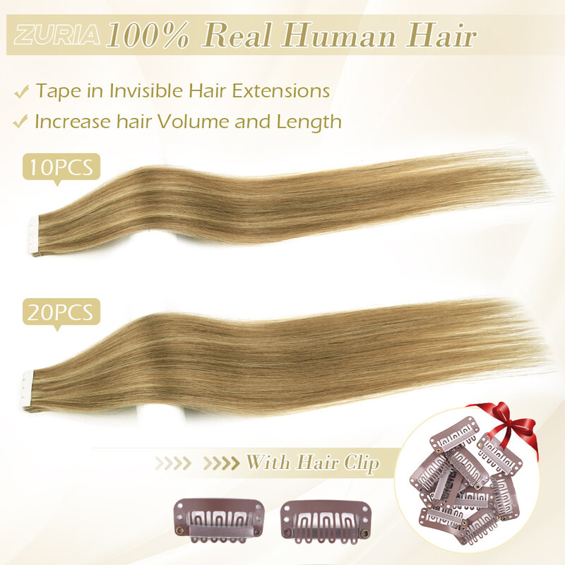 ZURIA-Extensions de Cheveux Humains Raides pour Femme, Mini Bande Adhésive, Trame de Peau Invisible, Vraies Perruques 16/20 Naturelles, 12 ", 100%"