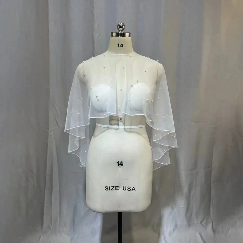 2024 Aksesori pernikahan MYYBLE Bolero jubah pengantin mutiara jubah pernikahan pendek depan belakang panjang wanita bungkus Cape syal malam