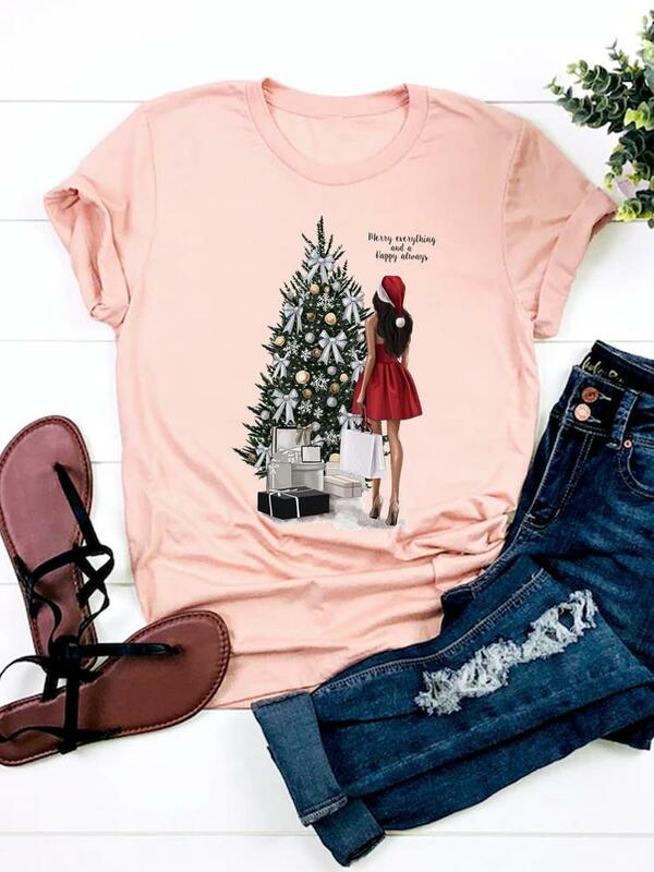 Camiseta em árvore Aquarela feminina, camiseta manga curta, top básico, roupas de Natal, ano novo, moda, anos 90, presente