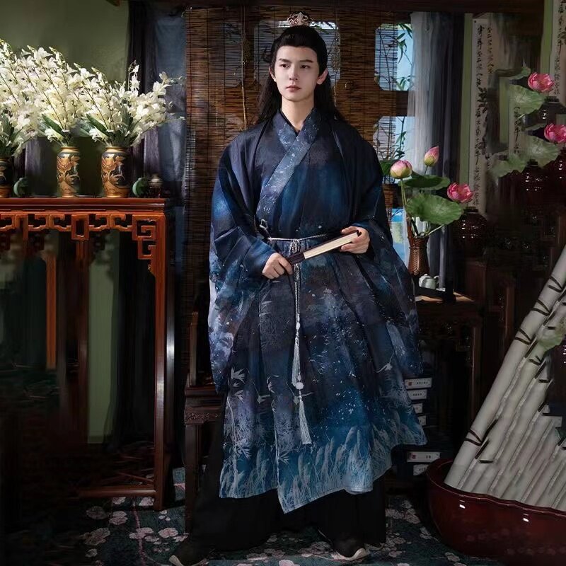 Hanfu pakaian pesta Natal Pria Wanita, jubah keras longgar cetakan Dinasti Ming Tiongkok Musim Dingin Musim Semi