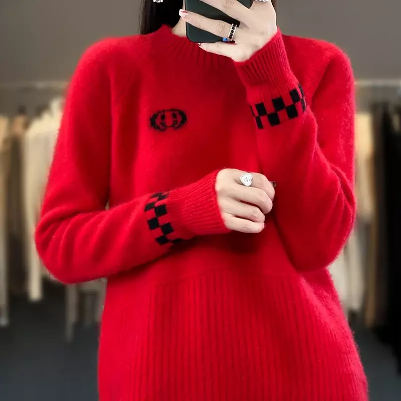 High quality 100% merino wool women's knitting basic sweater high neck long sleeve pullover autumn clothing Korean fashion top
