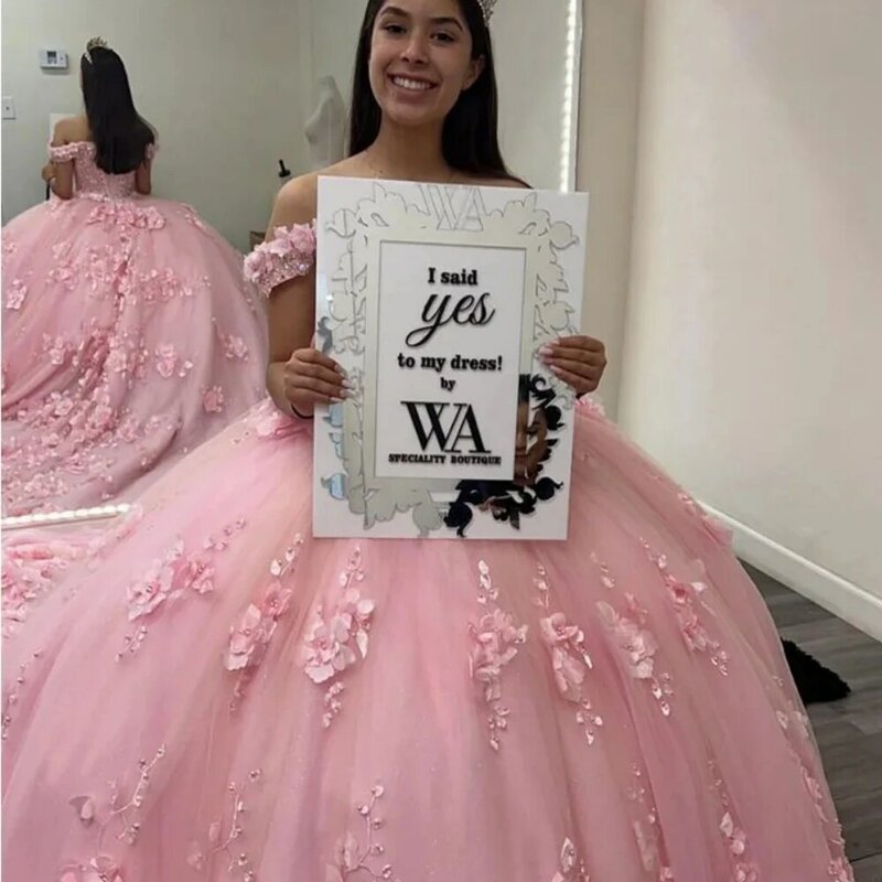Charming Off The Shoulder Quinceanrra Prom Dresses Pink Appliques 3D Flower Princess Long Green Graceful Sweet 16 Dress Vestidos