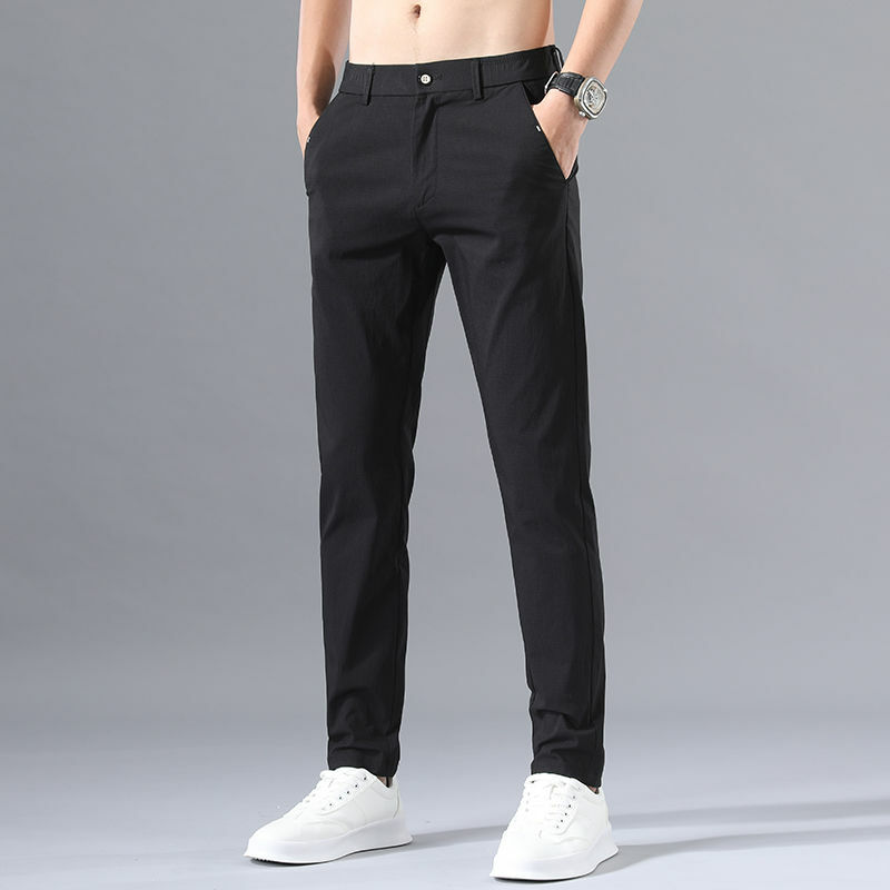 กางเกงลำลองทรงหลวมสไตล์เกาหลีสำหรับผู้ชายมีซิปมีกระดุมพิมพ์ลายกางเกงสูทขากระบอกสำหรับฤดูร้อน