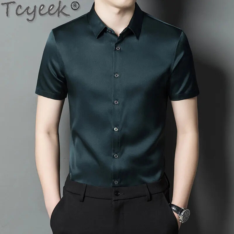 Fashion Tcyeek 90.8% Mulberry Short-sleeved Shirt Summer Solid Color for Men Clothing Silk Shirts Ropa De Hombre