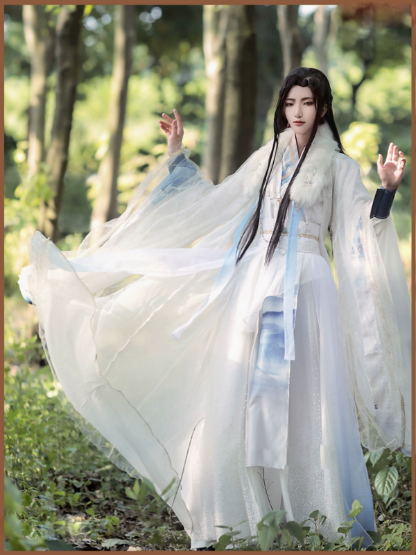 Hanfu จีนแบบอมตะสีขาวสำหรับคอสเพลย์การแสดงบนเวทีชุดเจ้าชายนักวิชาการชุดคอสเพลย์ qlgz