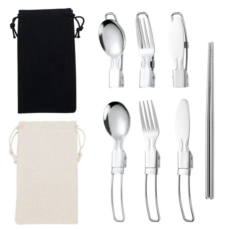 5pcs/set Outdoor Camping Picnic Tableware Stainless Steel Portable Folding Spoon Fork Camping Cooking Picnic Set