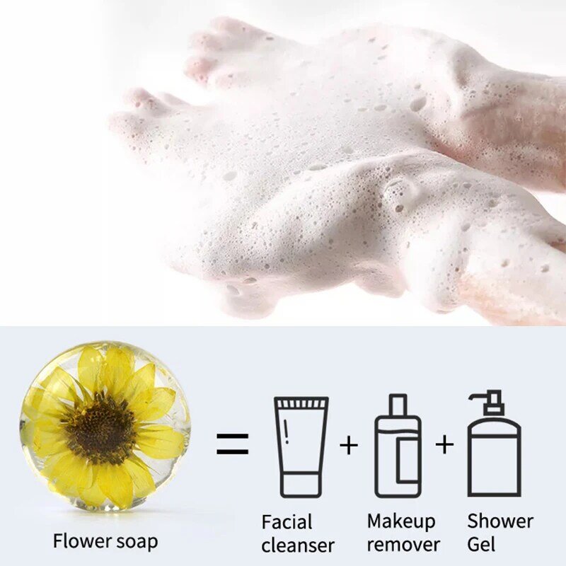 Savon aux huiles essentielles d'acides aminés, fait à la main, Anti-allergique, Transparent, fleur réelle, pour le visage, soins du corps, élimine l'acné