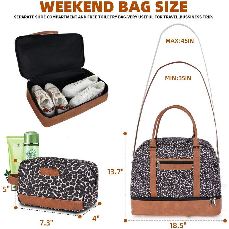 Fashion Women Weekender Bag Leopard Print 18.5 inch Large Capacity Travel Bag Carry On Tote Bag with 7.3 inch Small Bags