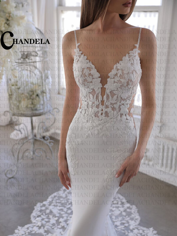 CHANDELA Satin Spaghetti Strap Trumpet Wedding Dresses Deep V-Neck Appliques Backless Illusion Sexy Personalised Robe De Mariée