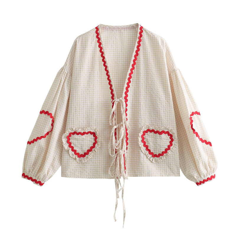 Chemises vintage à poches en forme de cœur pour femmes, chemisiers décontractés à col en V avec nœud papillon, mode chic pour femmes, vêtements en Y, 2024