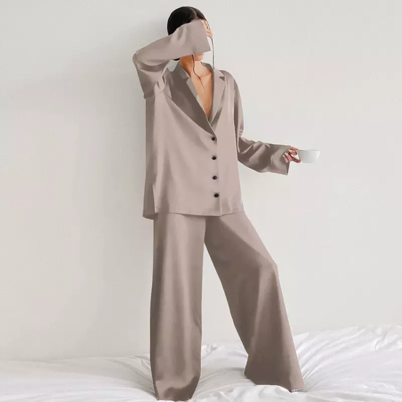 Ropa de dormir de seda satinada de gran tamaño para mujer, pijamas sexys de corte bajo, pantalones de pierna larga sin mangas de un solo pecho, trajes de pantalón