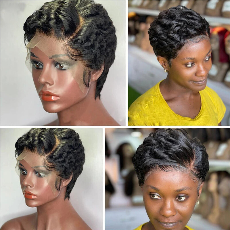 Lace Frontal Curly Peruca para Mulheres Negras, Curto Bob, Pixie Cut, 100% Perucas de Cabelo Humano, Colorido, 13x4, 99J, #350