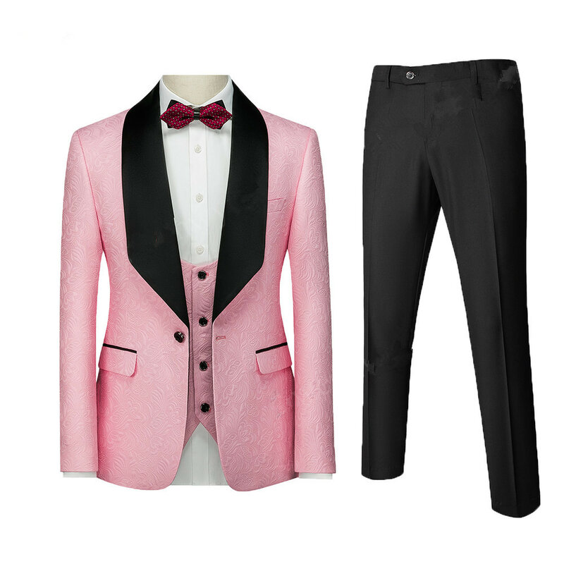 Men Suit 3 Pieces Beige Floral Jacquard Black Shawl Lapel Groomsmen Tuxedos For Wedding Party Blazer Vest Pants