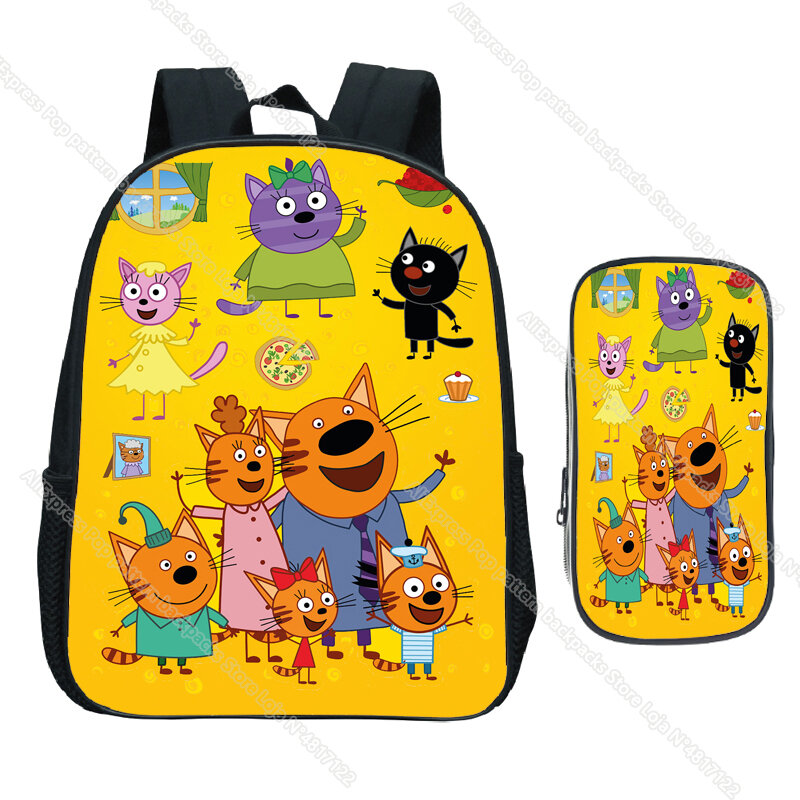 子供、幼稚園のバッグ、猫、男の子と女の子のための鉛筆ケース付きの3つの子猫漫画バックパック、2個セット
