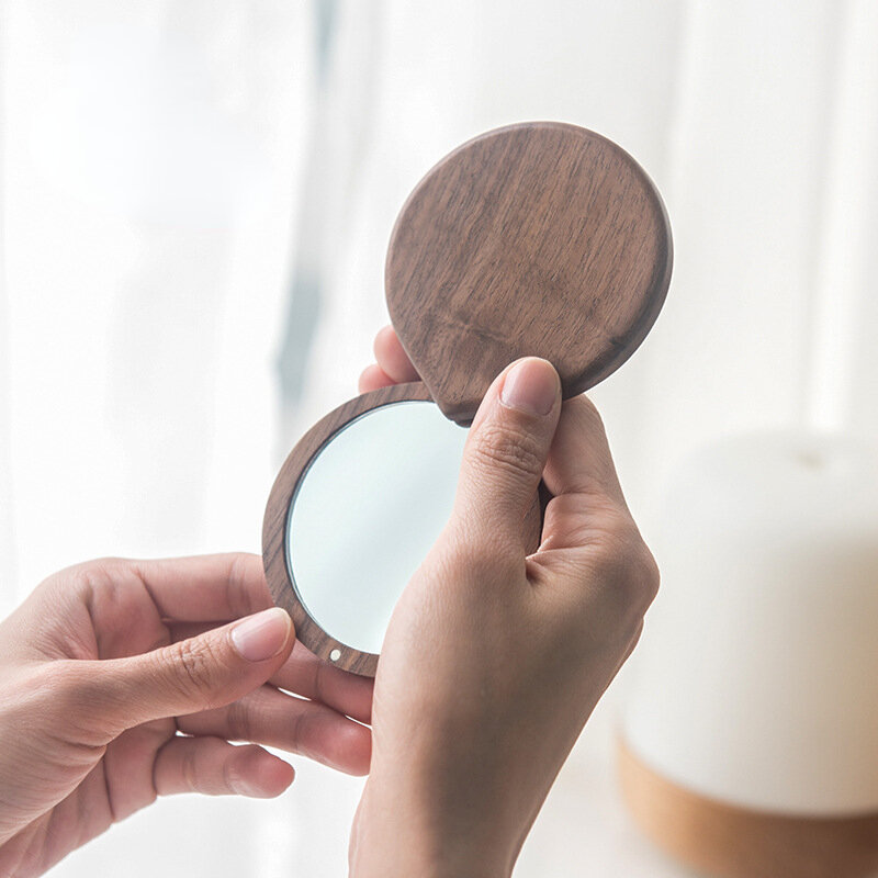 مرآة فتاة المحمولة مرآة لوضع مساحيق التجميل للماكياج وسهلة لوضع في الحقيبة ، طوي خشب متين مرآة محمولة