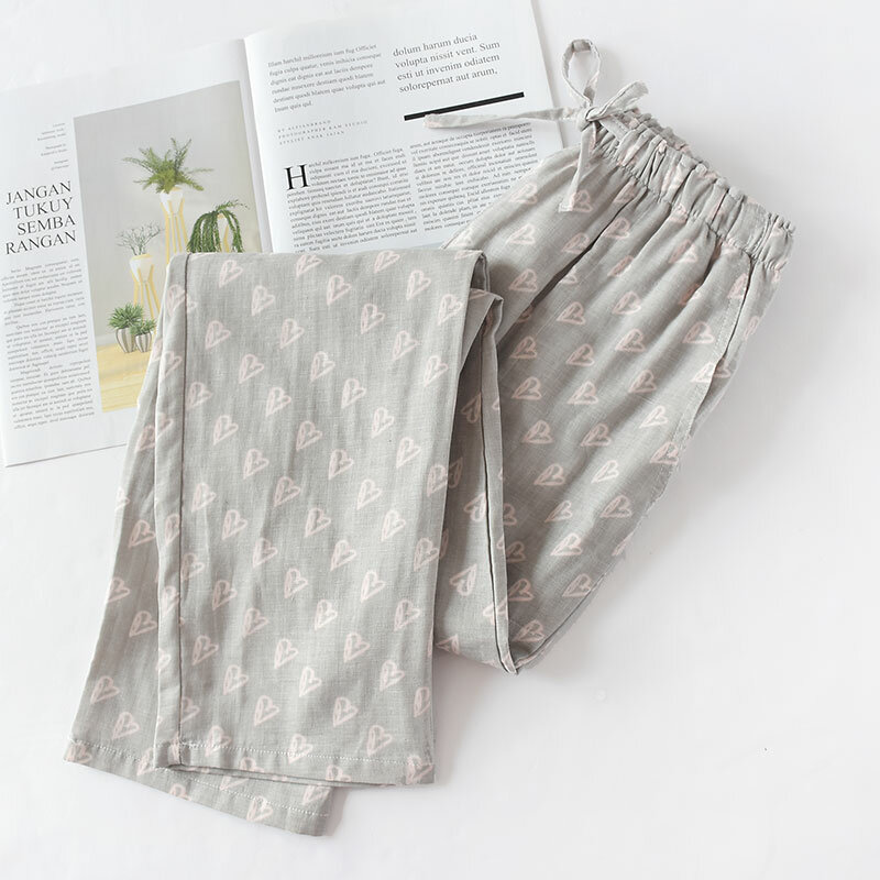 Pyjama en coton Double gaze pour femmes, pantalon de maison pour couple, bas de sommeil fin, imprimé décontracté, printemps et été