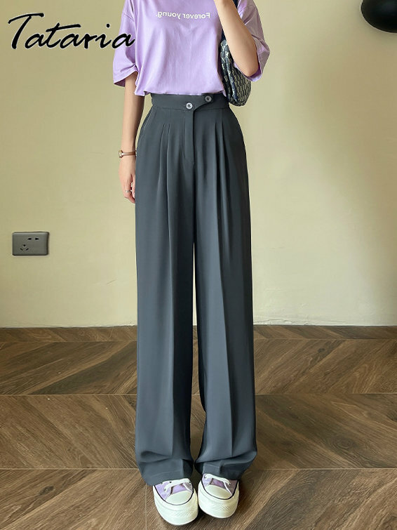 Wide Office Trousers for Women 2023 High Waist White Straight Stacked Pants with Pockets Double-button Classic Women's Trousers