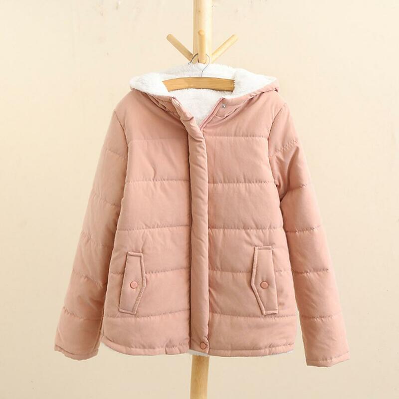 Winter Down Coat Solid Color Plush Lady Winter Coat Thick Padded Cardigan Lady Hooded Coat For Outdoor