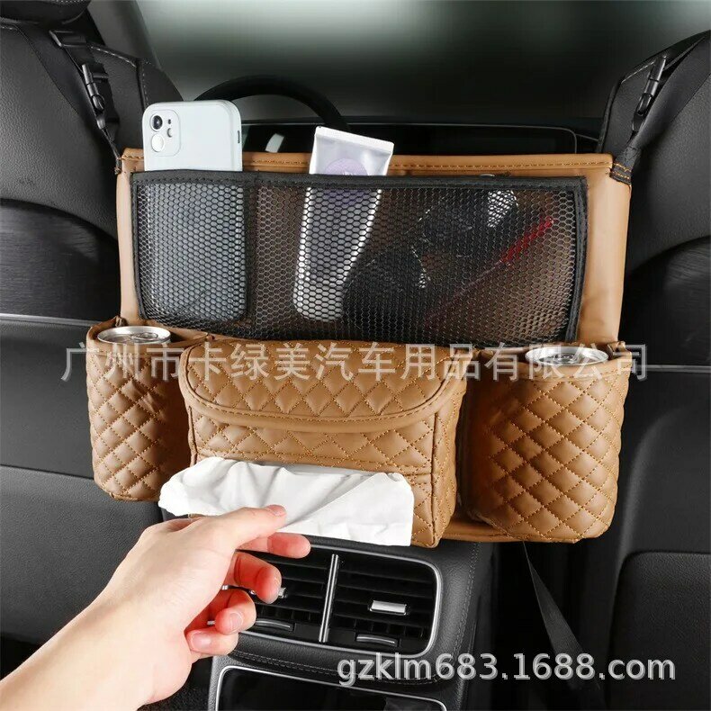 Tas penyimpanan kursi mobil, kulit PU kursi otomatis kotak Tengah saku gantung untuk menyimpan penata mobil untuk tas tangan minuman tisu