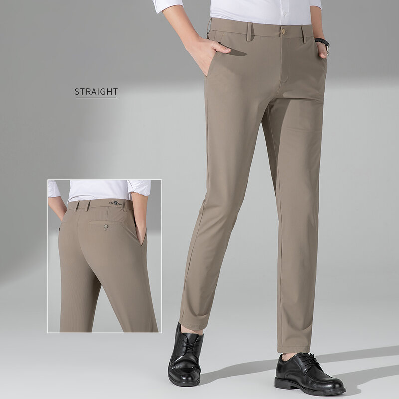 Setelan celana panjang regang Slim-fit pria, celana panjang sutra es warna Solid luar ruangan canggih dan nyaman musim panas untuk pria