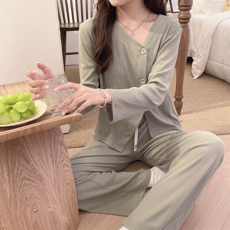 Pijama de algodón de manga larga para mujer, conjunto de ropa de dormir cómoda, Color sólido, dulce princesa, para dormitorio, primavera y otoño, novedad de 2024