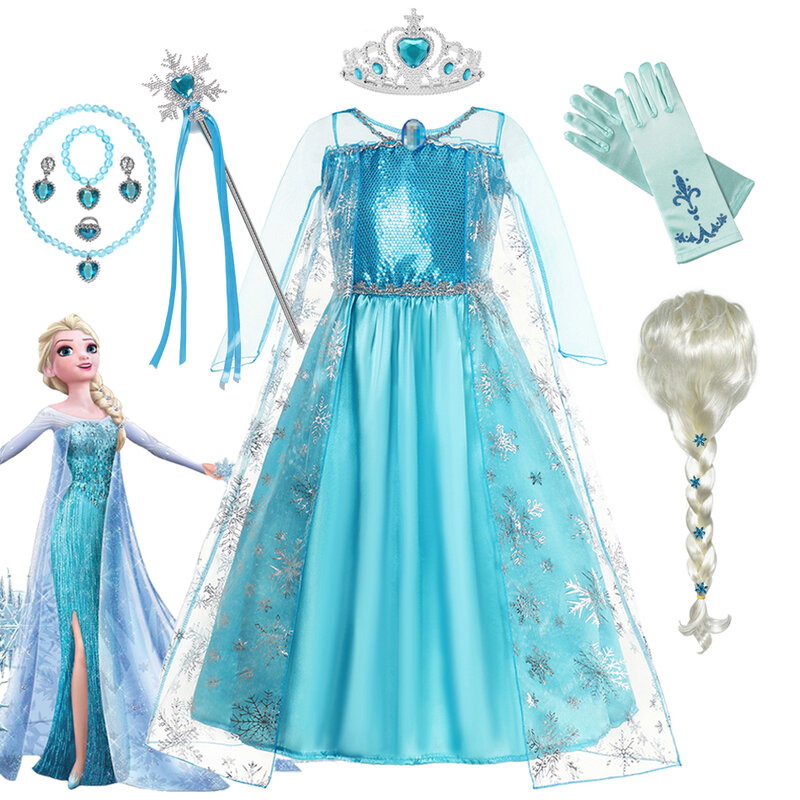 Gaun Putri Elsa Perempuan Gaun Pesta Karnaval Jubah Kostum Cosplay Ulang Tahun Anak-anak Gaun Beku Pakaian Ratu Salju Anak-anak
