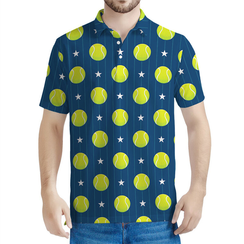 Kaus Polo grafis raket bola tenis pria, atasan kaos berkancing kasual ukuran besar musim panas