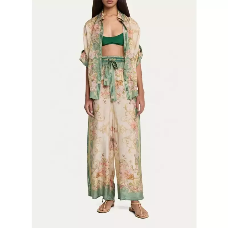 Australian niche  spring/summer new trendy vacation style green retro printed shirt+pants set two-piece set2024