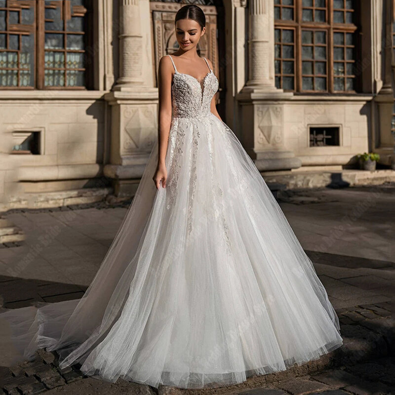 Gaun pernikahan warna Lv seksi untuk wanita baru 2024 gaun pengantin tanpa lengan leher V rendah bordir berpayet terang jubah garis A