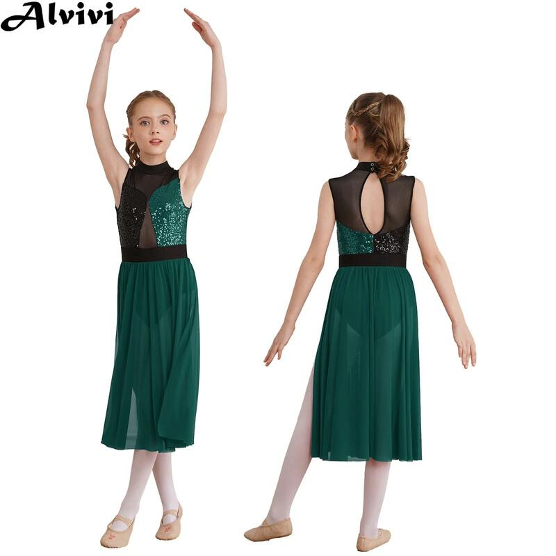 Dziewczęca nowoczesna liryczna sukienka do tańca baletowego łyżwiarstwo figurowe gimnastyka trykot taneczny bez rękawów z cekinami boczne rozcięcie sukienki siateczkowe