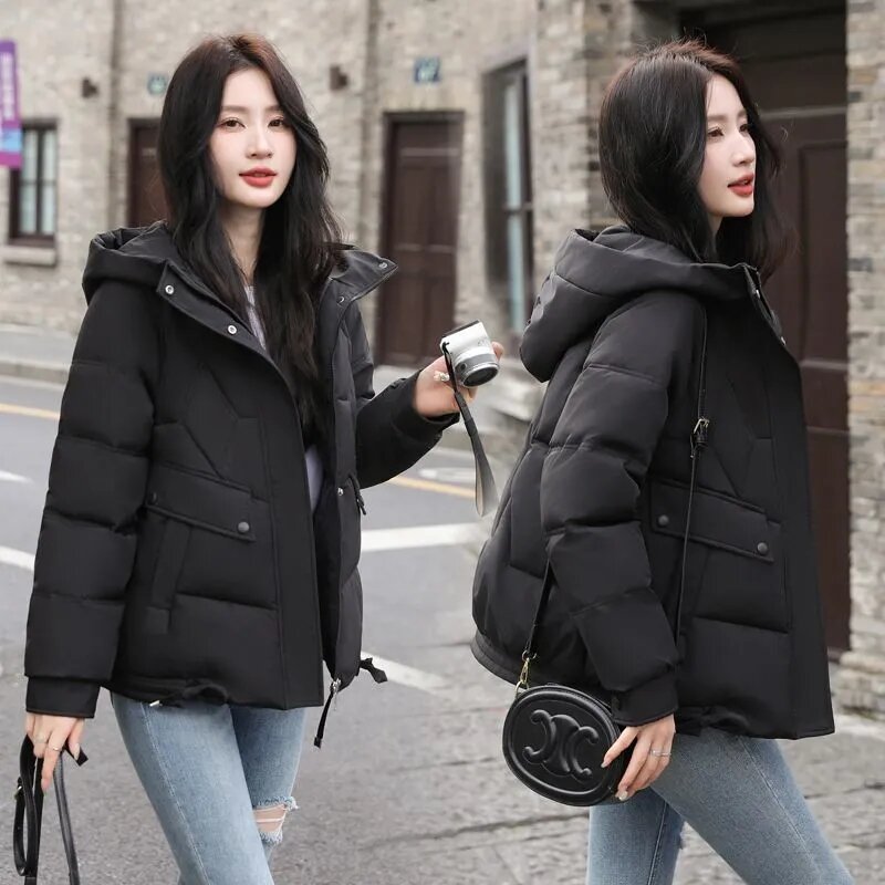 Jaqueta feminina acolchoada em algodão, casaco solto com capuz, outwear curto, grosso e quente, moda coreana, inverno, novo, 2024
