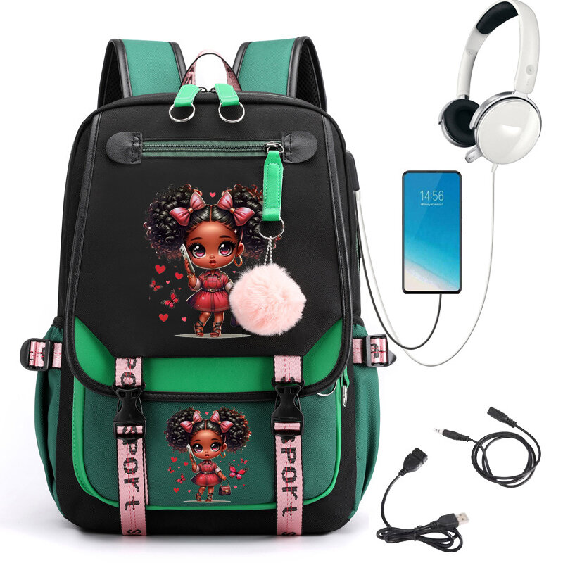 黒の女の子のプリントバックパック,USB充電器付きのランドセル,学生,10代の手紙,ラップトップ用