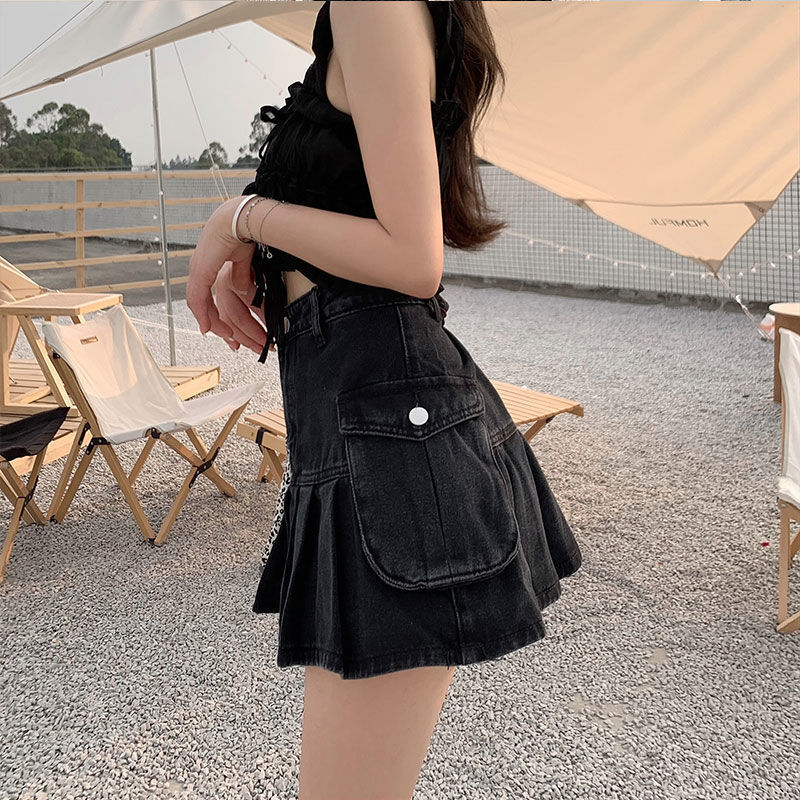 Deptown Vintage plisowane jeansowa spódniczka kobiety czarne seksowne Y2K krótka spódniczka Retro gotyckie patchworkowy w stylu Casual Streetwear A-line spódnica dżinsowa
