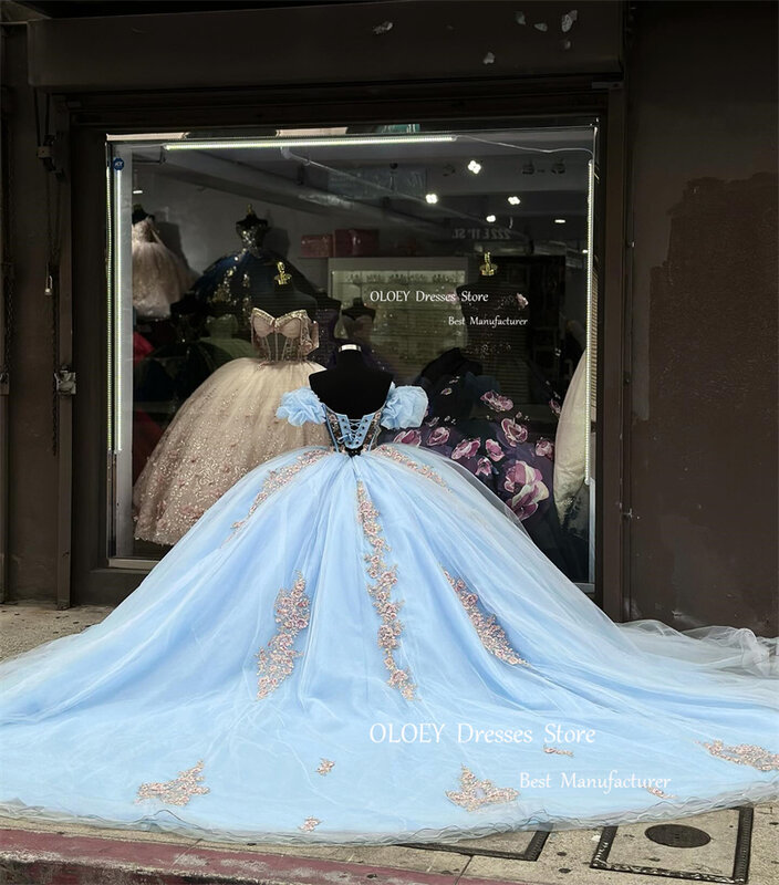 OLOEY Luxury Baby Blue Quinceanera Dresses Off Shoulder 3D Flowers Sleeves Party Dress Luxury Princess 16 Sweet Girls Birthday