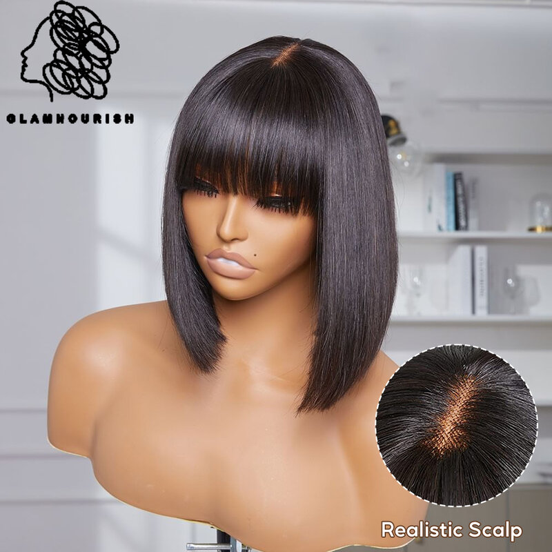 Krótkie proste koronkowe peruki Bob z grzywką Realistyczny wygląd Fałszywe peruki bezklejowe 100% brazylijskie dziewicze ludzkie włosy dla czarnych kobiet