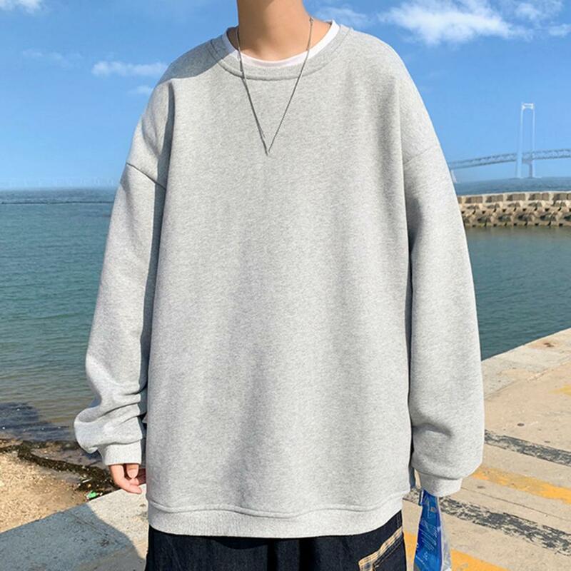 Men Fall Winter Sweatshirt Round Neck Long Sleeve Loose Pullover Soft Warm Plush Young Simple Style Streetwear Men Top