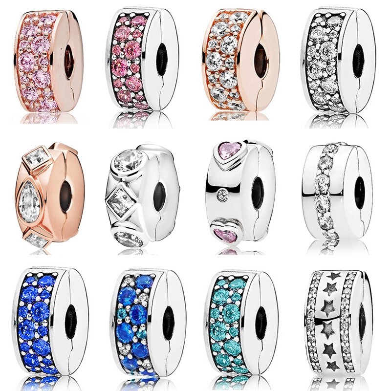 Fit asli Pandora warna-warni CZ klip jimat sumbat gelang wanita kristal Spacer manik-manik untuk membuat perhiasan DIY aksesori gelang