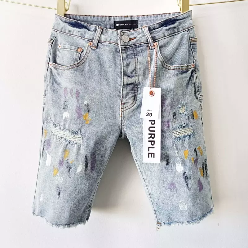 Hochwertige lila Marke Jeans Street Trend Herren Pelz kante spritzen Tinte Farbe Herren Slim Fit und Loch Patch Denim Shorts Hosen