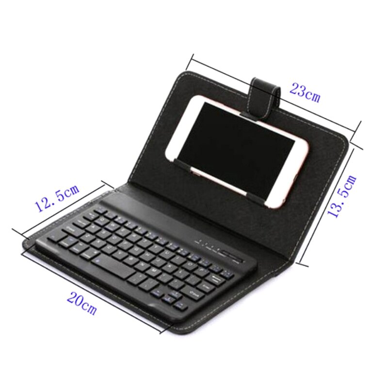 Miniteclado inalámbrico con Bluetooth y Funda de cuero PU para teléfono inteligente y tableta, recargable, duradero, color negro, 4,5-6,8 pulgadas