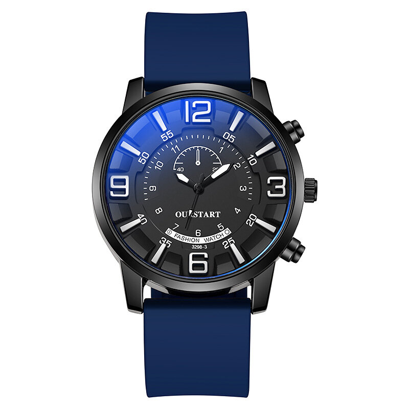 Modieuze Casual Stereoscopisch Digitaal Blauw Glas Kwarts Siliconen Horloge Voor Mannen