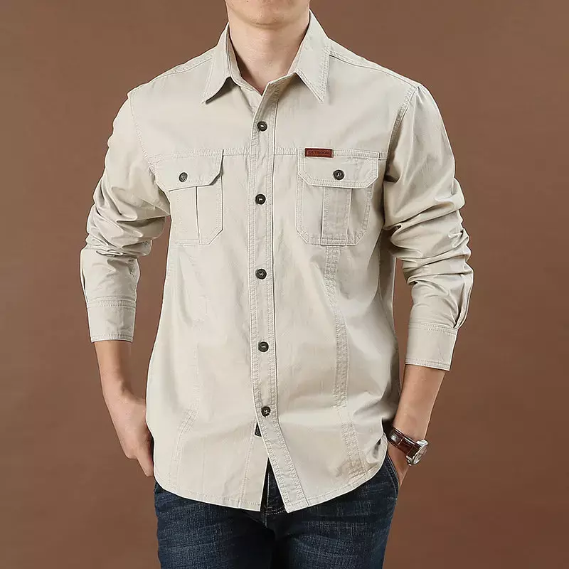 Camisa de bolso múltiplo de manga longa masculina, lapela vintage, casaco justo, casual versátil, blusa de carga ao ar livre, moda primavera, tamanho grande