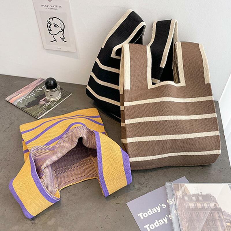 Bolsa de malha artesanal listrada larga para mulheres, minimalista, coreana, mini nó, bolsa de pulso, sacola, estudante, sacolas de compras reutilizáveis, 1pc