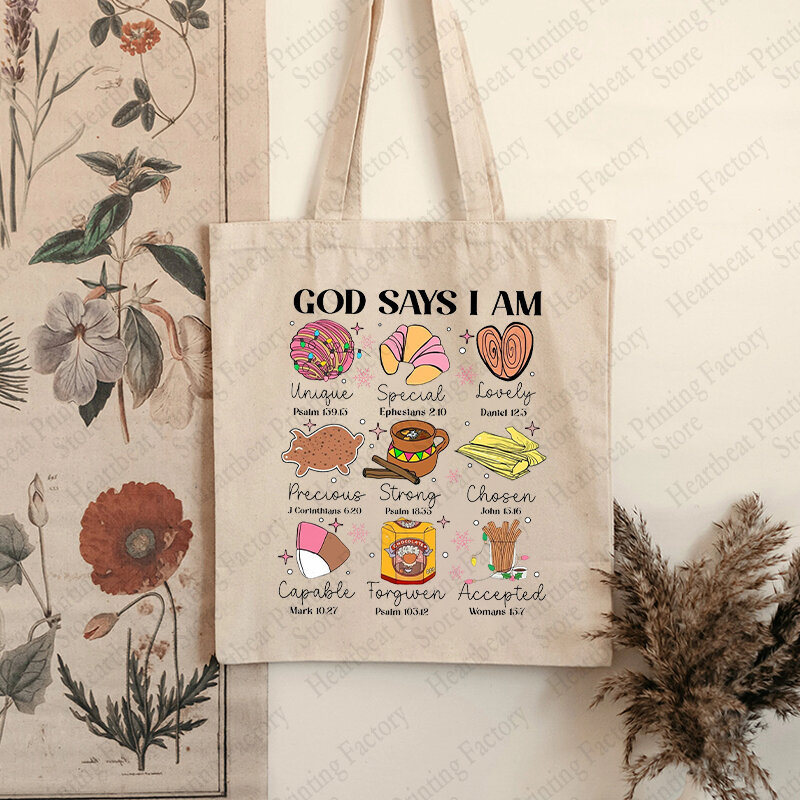 God Says I Am Mexican Pattern Tote Bag Canvas Shoulder Bag for Christian Daily Commute Women's Reusable Shopping Bag