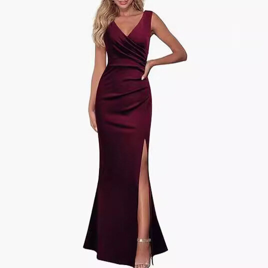 Женское коктейльное платье без рукавов, Длинное Элегантное Вечернее Платье с V-образным вырезом и разрезом, 2024