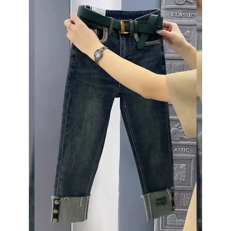 Calça jeans feminina reta de cintura alta, com ajuste solto, jeans stretch, jeans casual no comprimento do tornozelo para senhoras, 5XL, nova, primavera e outono, 2023