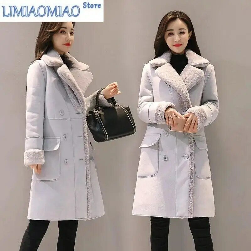 Новое пальто из овечьей шерсти, женское корейское зимнее плотное бархатное пальто из плотной замши, пальто средней длины с мехом и одним лацканом, пальто со вставками на пуговицах