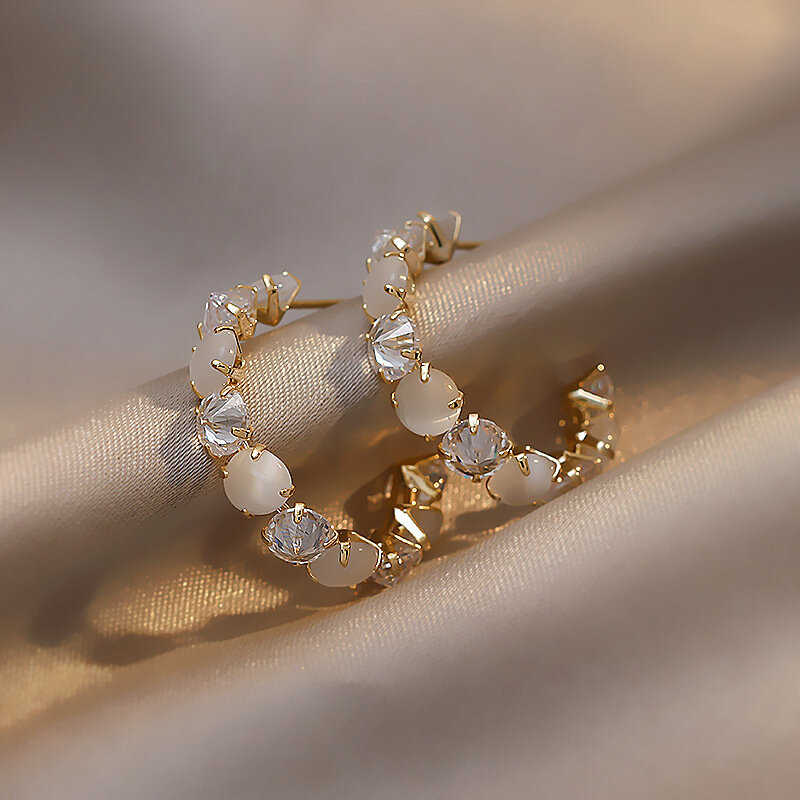 UILZ Fashion Green Geometry zircone orecchini a cerchio per le donne Color oro Opals Crystal Circle Earring Party Jewelry