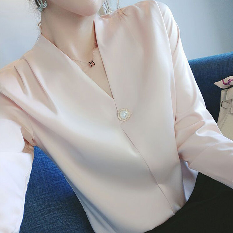 Frühling Herbst elegante Mode Knöpfe Satin Shirt Damen V-Ausschnitt Temperament einfache All-Match-Pullover Bluse Damen solides Top