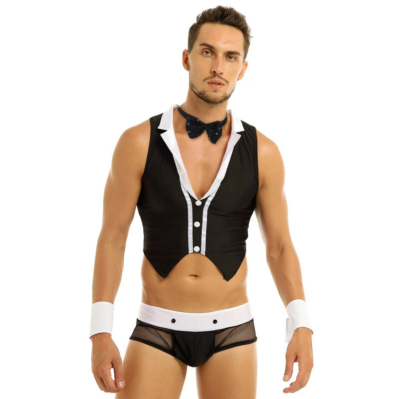 Men's Sexy Maid Servant Role Play Costume Outfits Tops Boxer Briefs Underwear with Collar Cuffs Hot Erotic Cosplay Lingerie Set